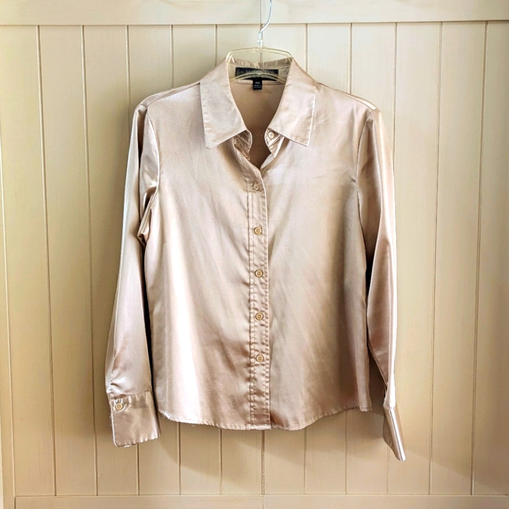 Kasper Petite Gold Satin Women's Medium Button Down Blouse